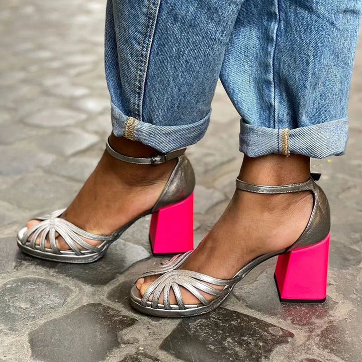 Seraphina™ | Shiny sandals with a chunky heel and elegant buckle