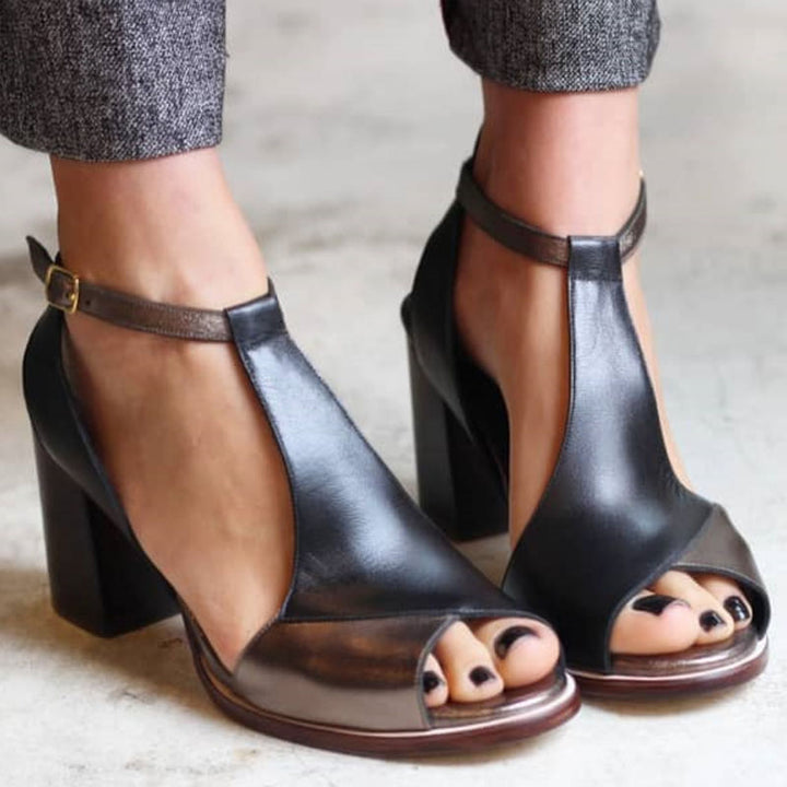Nadaria | Black patchwork peep toe heeled sandals
